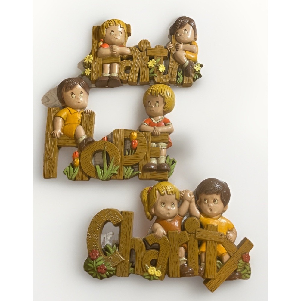 1982 BURWOOD USA 3 Pc "FAITH HOPE CHARITY" Precision Molded Plastic 3-D PLAQUES